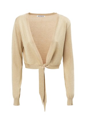 Cardigan de punto beige de manga larga y corte corto, con escote en V y cierre frontal con lazo, puños y dobladillo acanalados, textura de punto.
