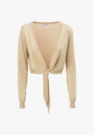 Cardigan de punto beige de manga larga y corte corto, con escote en V y cierre frontal con lazo, puños y dobladillo acanalados, textura de punto.