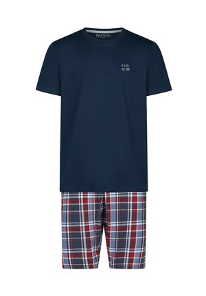 Marineblaues T-Shirt mit kurzen Ärmeln und kleinem weißem Logo auf der Brust, kombiniert mit rot-weiß-blau karierten Shorts.