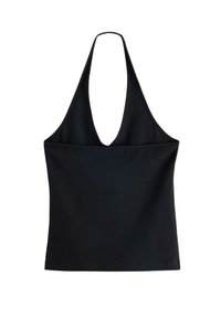 Sort halterneck top med en dyb V-udskæring, lavet af et glat, strækbart stof. Har et minimalistisk design uden synlige mønstre eller accenter.