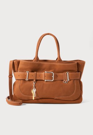 Brown leather tote bag with a textured finish, featuring two handles, a detachable strap, and a decorative buckle and key charm.