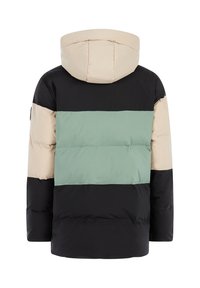 Gestepptes Jackett mit Kapuze, farblich abgestimmtes Design in Schwarz, Mintgrün und Beige. Glatte Textur mit horizontalen Paneelen und ohne sichtbare Verschlüsse.