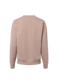 Jasnoróżowa bluza wykonana z miękkiego materiału, z okrągłym dekoltem, ściągaczami na rękawach i luźnym krojem z prostym dołem.