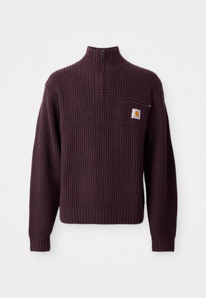 Maglione viola a coste con colletto a mezza zip, una piccola tasca sul petto e un'etichetta con logo sul davanti. Tessuto testurizzato e polsini aderenti.