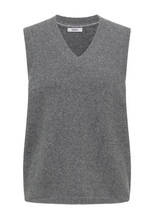 Šedá vesta bez rukávů s výstřihem do V, texturovanou látkou a žebrovaným lemem u výstřihu a spodního okraje. Štítek nese nápis "CECIL".