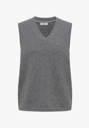 Gilet grigio senza maniche con scollo a V, tessuto strutturato e bordi a costine sullo scollo e sull'orlo. L'etichetta riporta "CECIL".