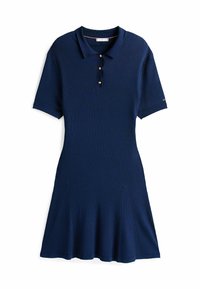 Navyblaues Polokleid mit kurzen Ärmeln, zwei Knöpfen und schwingendem Rock. Aus strukturiertem Stoff mit dezenten Falten am Saum.