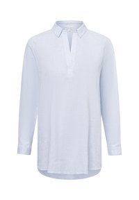 Hellblaues, langärmliges Hemd mit Kragen und Knopfleiste, aus einem strukturierten Stoff gefertigt. Verfügt über einen abgerundeten Saum und geknöpfte Ärmel.