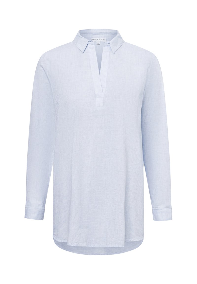 Hellblaues, langärmliges Hemd mit Kragen und Knopfleiste, aus einem strukturierten Stoff gefertigt. Verfügt über einen abgerundeten Saum und geknöpfte Ärmel.