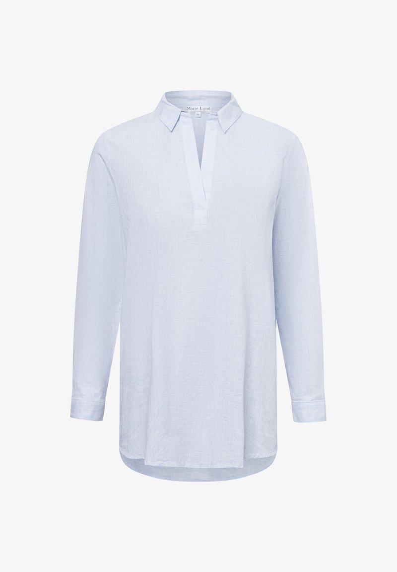 Hellblaues, langärmliges Hemd mit Kragen und Knopfleiste, aus einem strukturierten Stoff gefertigt. Verfügt über einen abgerundeten Saum und geknöpfte Ärmel.