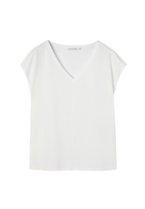 Bluza albă cu mâneci scurte, decolteu în V și croială lejeră, prezentată pe un fundal simplu.