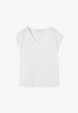 Bluza albă cu mâneci scurte, decolteu în V și croială lejeră, prezentată pe un fundal simplu.
