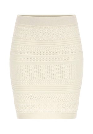 Jupe en tricot couleur crème avec des motifs horizontaux texturés et une taille et un ourlet côtelés.