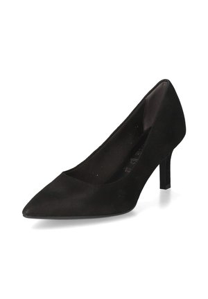 Schwarze Wildleder-High-Heel-Schuhe mit spitzer Zehenpartie und mittelhohem Blockabsatz. Sie verfügen über eine glatte Textur und ein minimalistisches Design ohne Verzierungen.