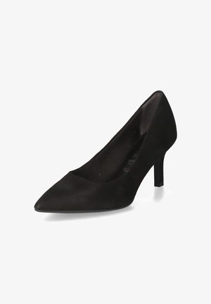Chaussure à talon haut en daim noir avec un bout pointu et un talon bloc de hauteur moyenne. Présente une texture lisse et un design minimaliste sans embellissements.