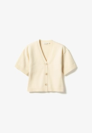 Kreemikarva lühikeste varrukatega kardigan, millel on V-kaelus, viis nööpi ja soonikviimistlus varrukatel ning alläärel. Valmistatud pehmest kangast, millel on sile tekstuur.
