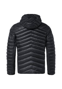 Giacca nera con cappuccio e motivo a zigzag trapuntato. Presenta un esterno liscio e lucido con polsini elasticizzati e inserti laterali per il comfort.