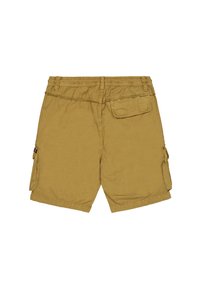 Khaki cargo šortky vyrobené z ľahkej tkaniny. Obsahujú elastický pás, bočné vrecká a zadné nášivkové vrecko na uskladnenie.