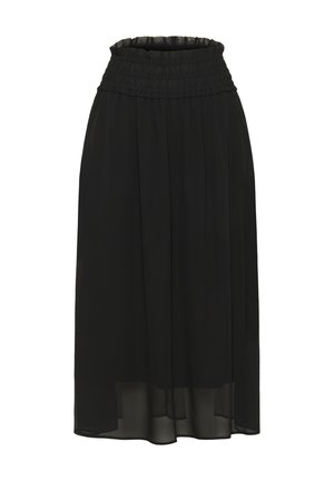 Jupe midi noire avec taille élastique froncée et tissu léger, légèrement transparent à l'ourlet.