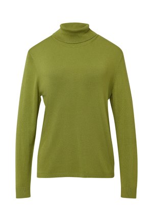 Groene lange mouw turtleneck trui van fijn gebreid stof met ribbelboord voor de kraag, manchetten en zoom.