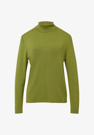 Groene lange mouw turtleneck trui van fijn gebreid stof met ribbelboord voor de kraag, manchetten en zoom.