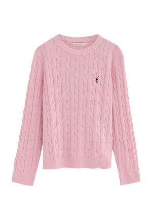 Maglione rosa a coste con maniche lunghe, polsini e orlo a coste, con un piccolo logo ricamato di un giocatore di polo nero sul lato sinistro del petto.