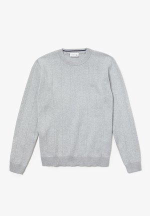 Pull gris clair à manches longues avec col rond, présentant de légères rayures verticales et un petit logo brodé sur le côté gauche de la poitrine.