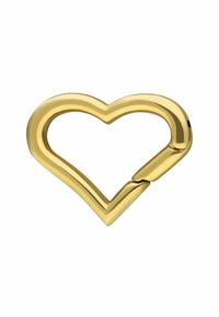 Gouden hartvormige sleutelring, met een gladde, glanzende oppervlakte en een kenmerkende split in het ontwerp voor een unieke omtrek.