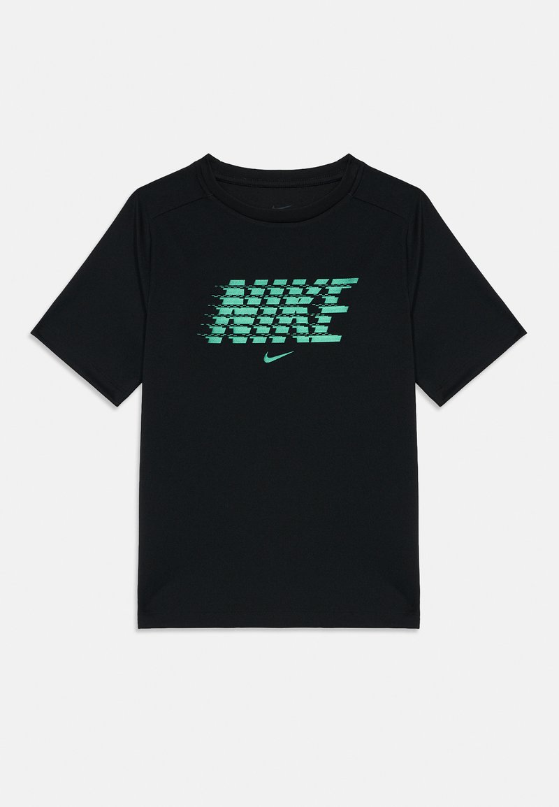 Must have rohelise Nike logo'ga lühikeste varrukatega must T-särk, millel on pehme kangas ja dünaamilised, udused detailid.