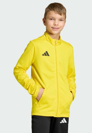 Ragazzo con una giacca sportiva gialla brillante con cerniera e pantaloni neri con loghi, mani nelle tasche della giacca, sorride verso la fotocamera.