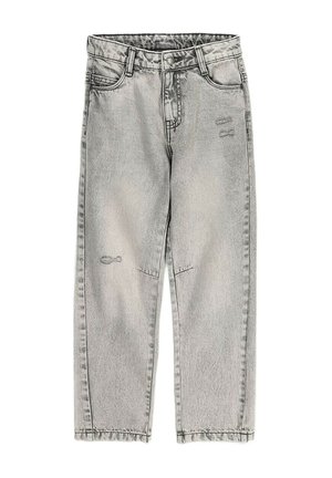 Jasnoszare jeansy denim o luźnym kroju, z lekkimi przetarciami na nogawkach, zapięcie na guziki i zamek błyskawiczny oraz design z pięcioma kieszeniami.