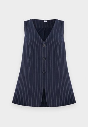 Navy vest with white pinstripes, v-neckline, five buttons down the front, and a flared design with a split at the bottom.