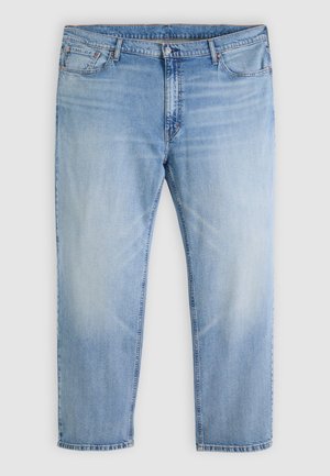 Svijetloplave traperice s prednjim zatvaračem na gumbe i patentni zatvarač, s pet džepova i ravnim krojem nogavica.