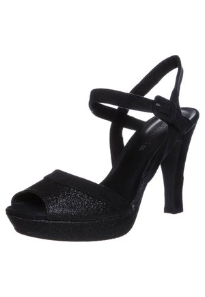 Sandale à talon haut noire avec plateforme pailletée, bout ouvert et bride de cheville ajustable avec boucle.