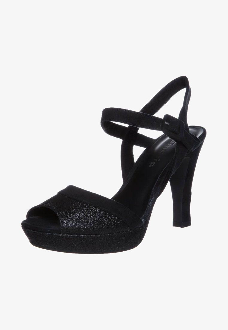 Sandale à talon haut noire avec plateforme pailletée, bout ouvert et bride de cheville ajustable avec boucle.