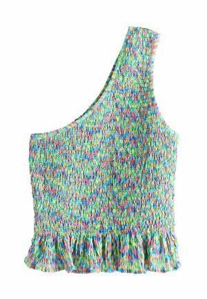 Einschultriges, mehrfarbiges, gerafftes Oberteil aus Smokstoff mit gerafftem Saum in einer Mischung aus Blau-, Grün-, Pink- und Gelbtönen.