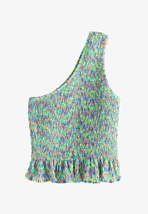 Einschultriges, mehrfarbiges, gerafftes Oberteil aus Smokstoff mit gerafftem Saum in einer Mischung aus Blau-, Grün-, Pink- und Gelbtönen.