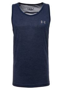 Canottiera sportiva blu navy con scollo rotondo, realizzata in tessuto leggero, caratterizzata da un sottile motivo melange e un piccolo logo sul petto.