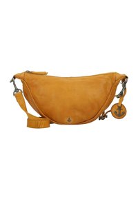 Borsa hobo in pelle gialla con forma curva, chiusura con zip, tracolla regolabile e un charm a forma di ancora in metallo attaccato. Texture liscia.