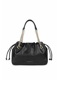 Borsa a tracolla in pelle nera con un design morbido, caratterizzata da una tracolla in catena e pelle, dettagli con coulisse e logo sul davanti.