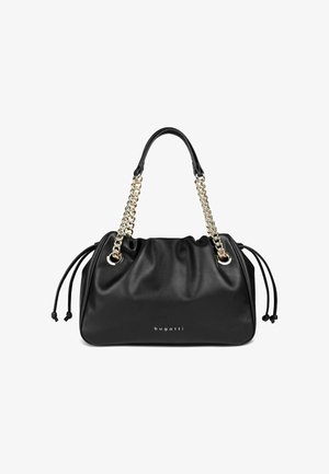 Sac à main en cuir noir avec un design décontracté, doté d'une chaîne et d'une bandoulière en cuir, d'accents à cordon et d'un logo sur le devant.