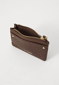 Brown woven leather wallet with gold zipper, featuring an inside compartment and branded accent on the front. Compact and textured design.