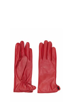 Czerwone skórzane rękawiczki z pięcioma palcami, o miękkiej fakturze, z marszczonym mankietem i przeszyciami wzdłuż szwów.