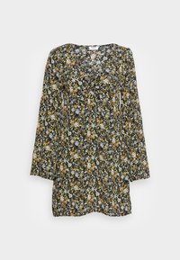 Vestido floral com mangas longas, decote profundo, base preta com padrões de flores multicoloridas, tecido leve e um corte relaxado.