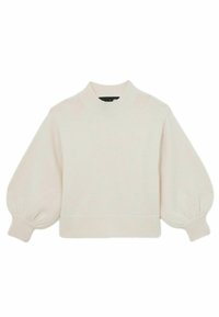 Maglione pullover crema chiaro con colletto alto, maniche a palloncino e polsini a coste. Morbido tessuto a maglia con una vestibilità corta.