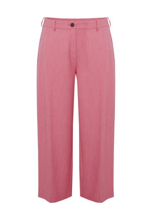 Pantalones de pierna ancha en rosa claro, fabricados en una tela suave, con cierre de botón y trabillas para cinturón que permiten un ajuste ajustable.