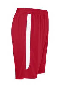 Rote sportliche Shorts mit weißen Netzeinsätzen an den Seiten, elastischem Bund und leichtem Stoff für Komfort und Flexibilität.