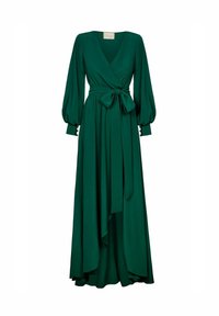 Długa zielona sukienka w stylu wrap z dekoltem w serek, balonowymi rękawami i paskiem wiązanym w talii. Posiada zwiewną spódnicę oraz guziki na mankietach rękawów.