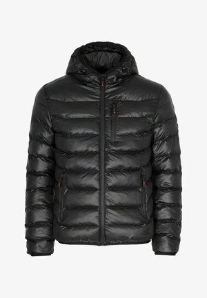 Czarna kurtka puchowa z kapturem, wyposażona w pikowany fason, dwie boczne kieszenie oraz kieszeń na zamek na klatce piersiowej. Wykonana z błyszczącego materiału.