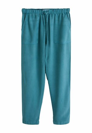 Teal-colored pants with an elastic waistband, drawstring, two front patch pockets, and straight-leg design.